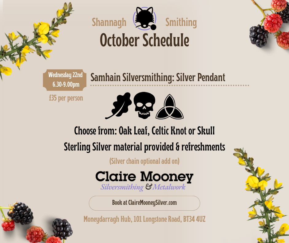 Promotional flyer for Samhain Silversmithing event with logo and text about a silver pendant workshop.